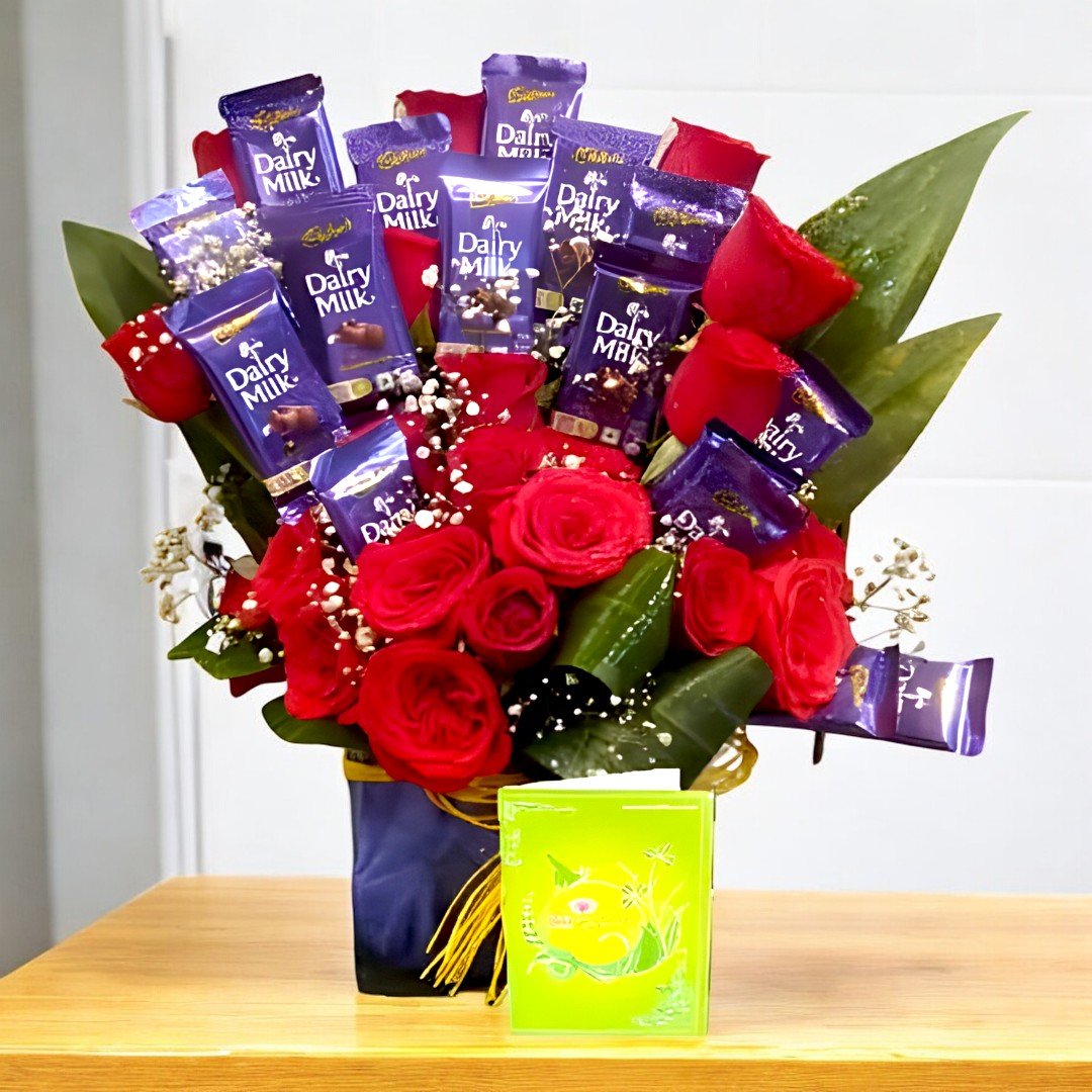 Roses And Dairy Milk Chocolates Hamper by BetterGiftFlowers in an elegant bouquet