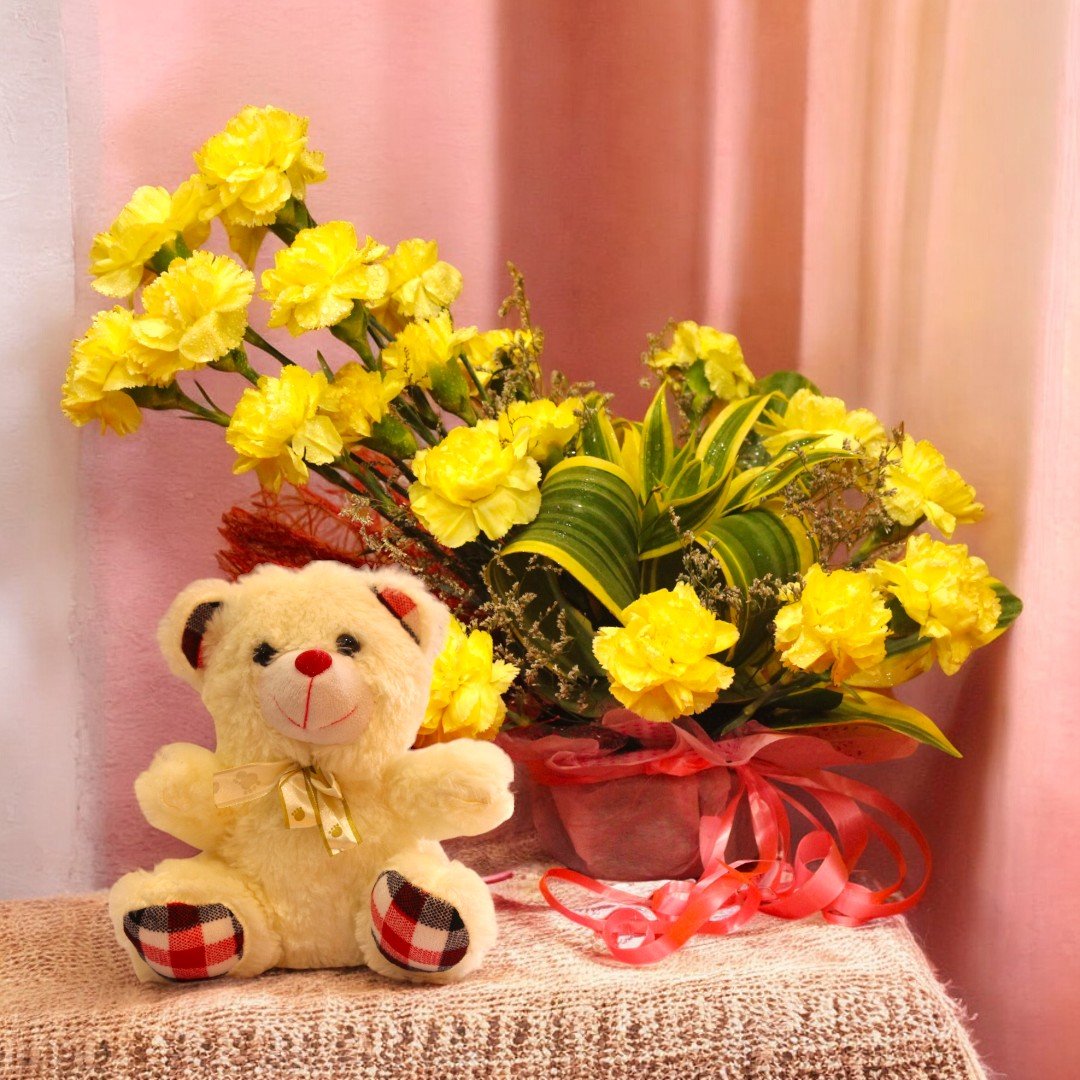 Yellow Carnations with Teddy Bear from BetterGiftFlowers.