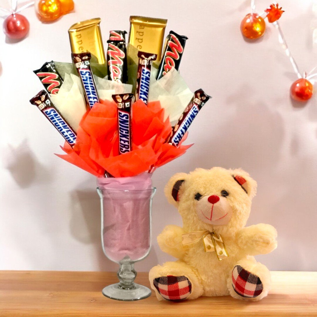 BetterGiftFlowers Chocolates and Teddy with Mars and Snickers bouquet