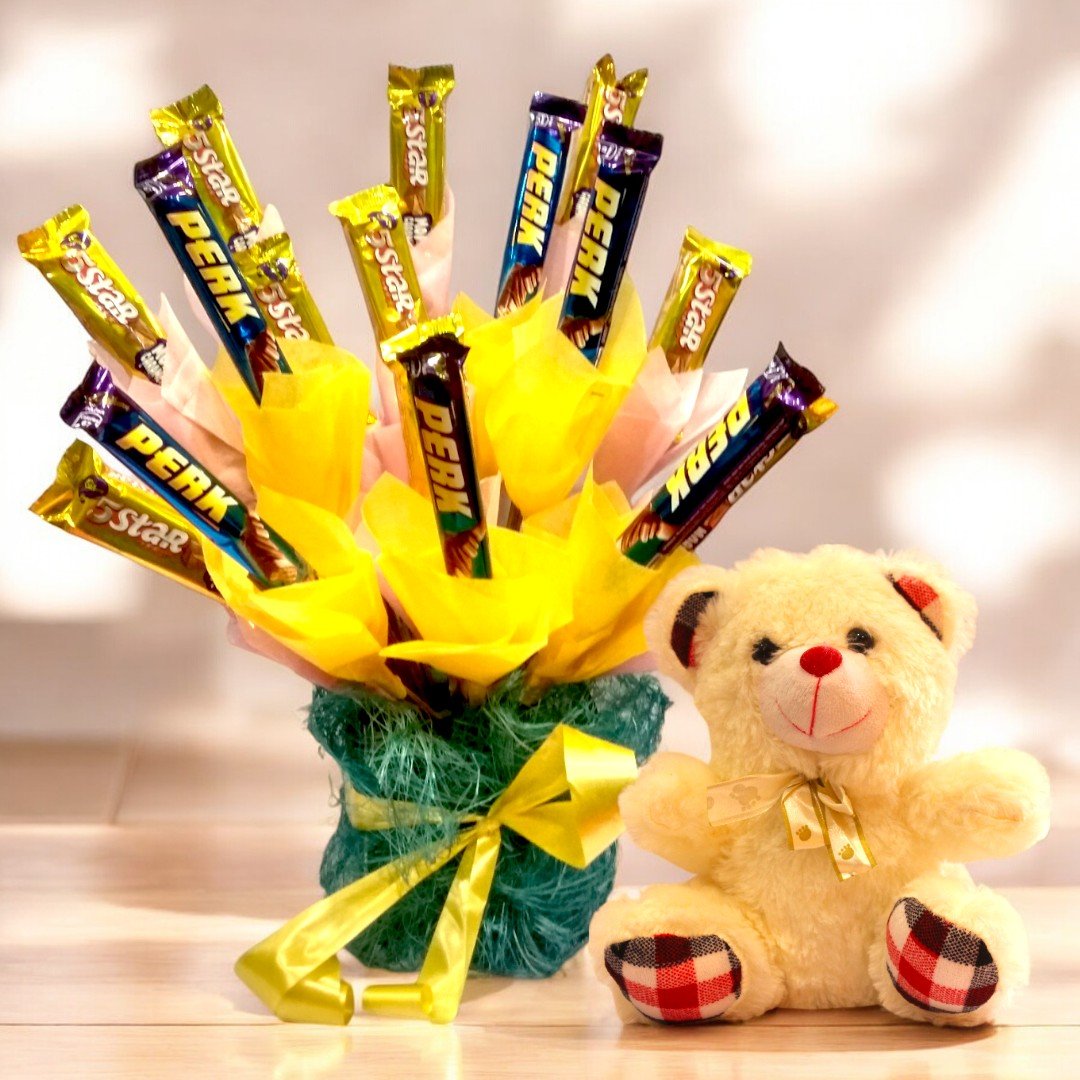 Mix Chocolate Hamper with teddy by BetterGiftFlowers, assorted chocolates bouquet and cute teddy.