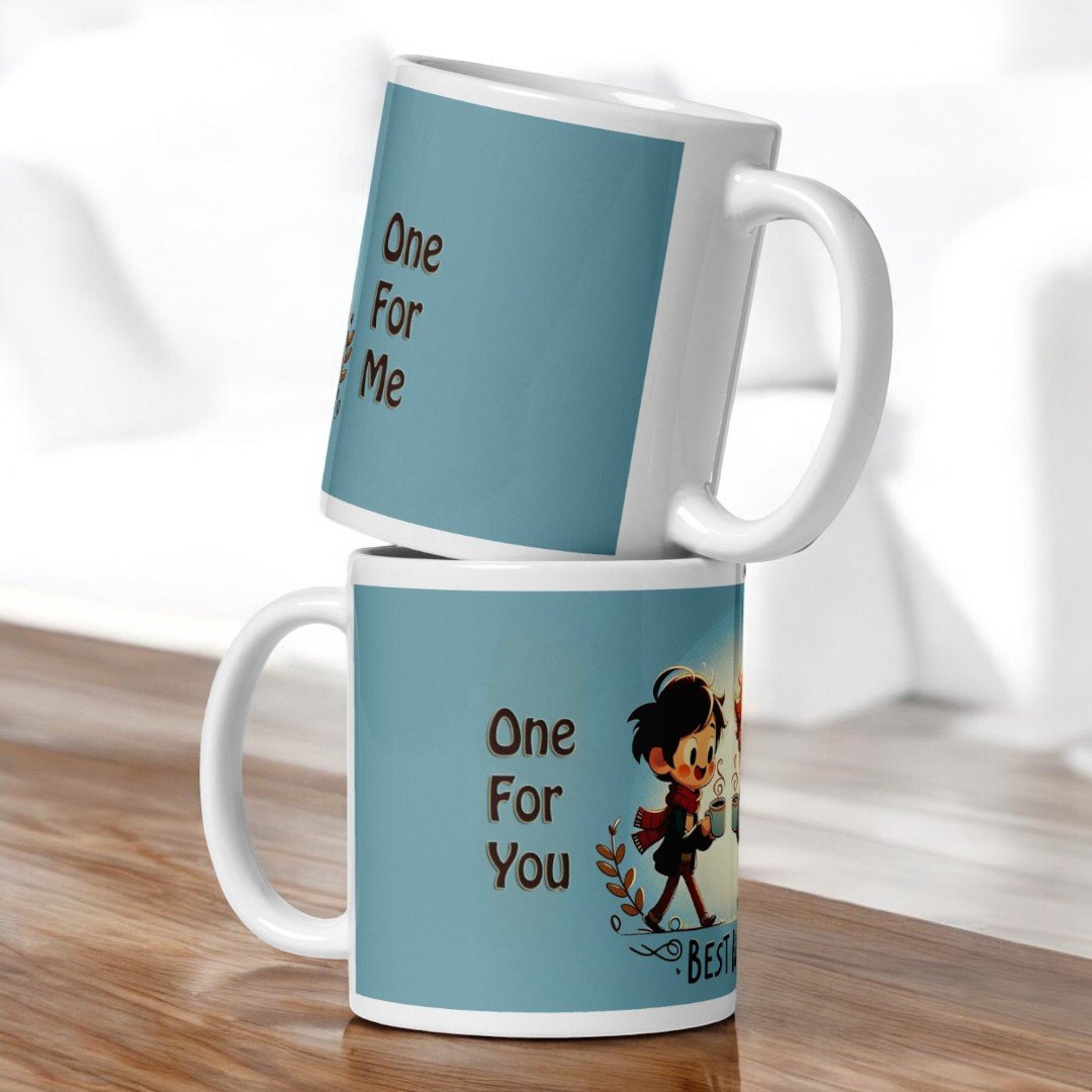 BetterGiftFlowers Set of two stacked Best Buddies mugs featuring the phrases 'One For Me' and 'One For You' with an illustration of friends sharing coffee.