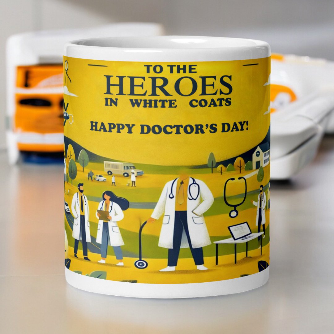 BetterGiftFlowers Happy Doctor's Day mug showcasing the full front design with healthcare professionals and text 'To the heroes in white coats, Happy Doctor's Day.