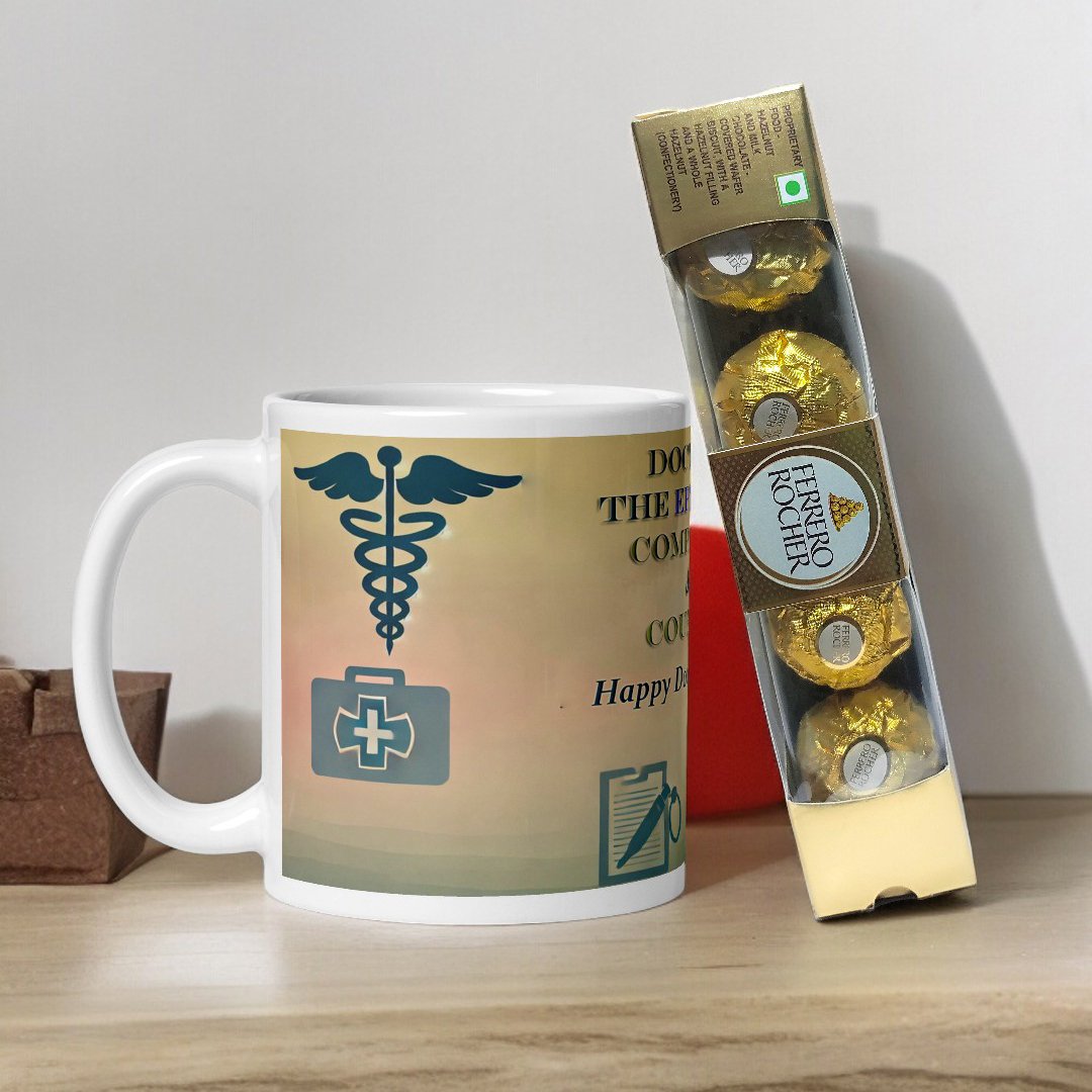 Image of BetterGiftFlowers' "Happy Doctor's Day" mug with Ferrero Rocher chocolates, showcasing a medical symbol design on the mug.