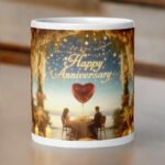 Close-up of BetterGiftFlowers Happy Anniversary Mug featuring a romantic dinner setup and glowing ambiance.