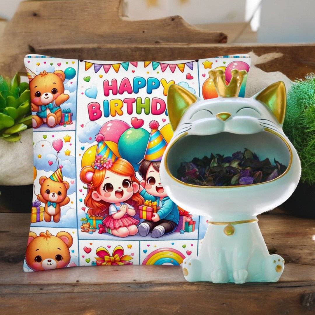 Happy Birthday Cushion With Lucky Cat Combo