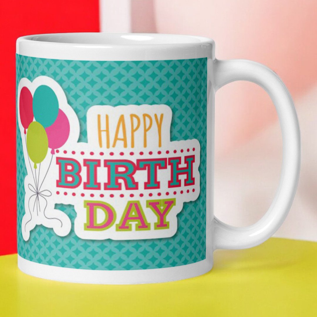 BetterGiftFlowers Unique Happy Birthday Mug featuring colorful balloons and festive text design on a turquoise background.