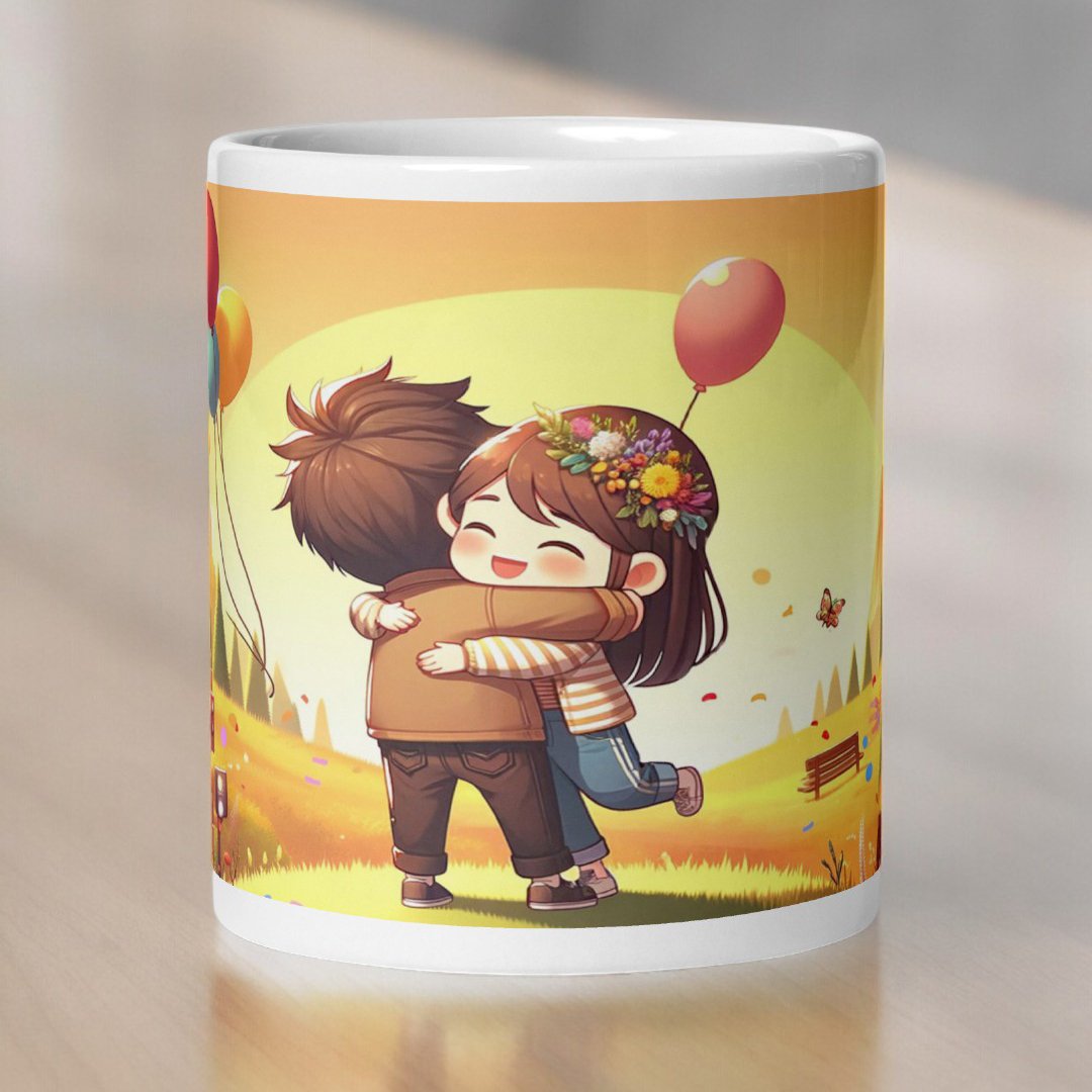 Close-up of Happy Hug Mug by BetterGiftFlowers illustrating a heartfelt embrace in a vibrant outdoor setting.