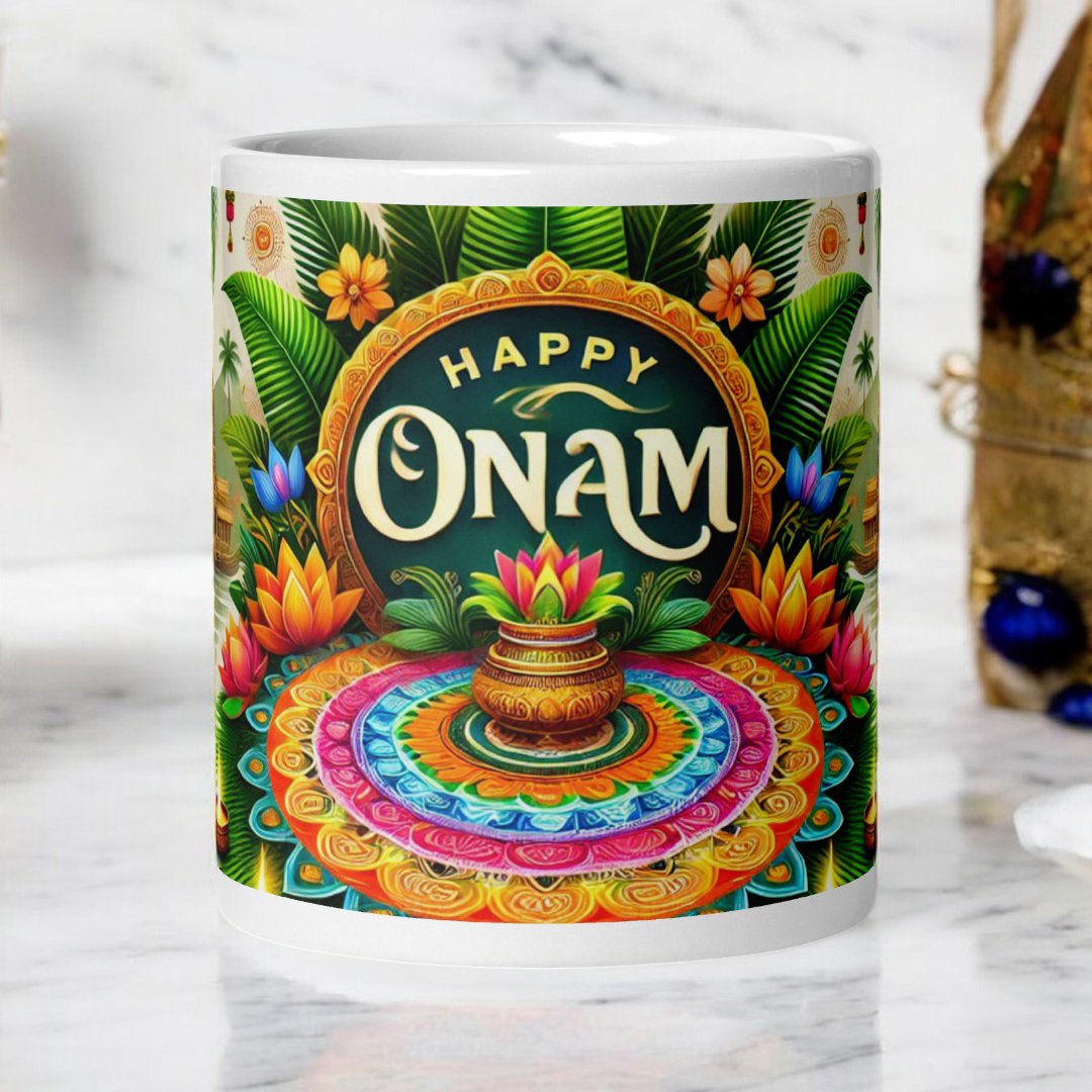 BetterGiftFlowers Happy Onam Mug with vibrant festive design and floral elements