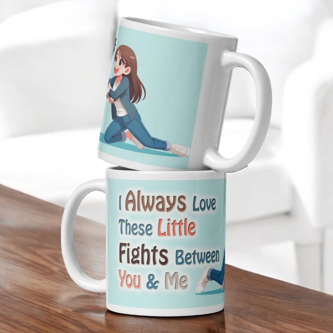 Set of two "Little Fights" mugs from BetterGiftFlowers stacked, featuring a playful illustration of a couple and the text "I Always Love These Little Fights Between You & Me.