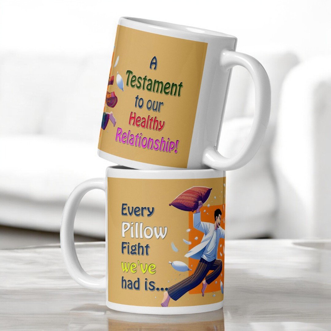 Set of two "Pillow Fight" mugs from BetterGiftFlowers stacked, showcasing fun and playful design with the text "A Testament to our Healthy Relationship.