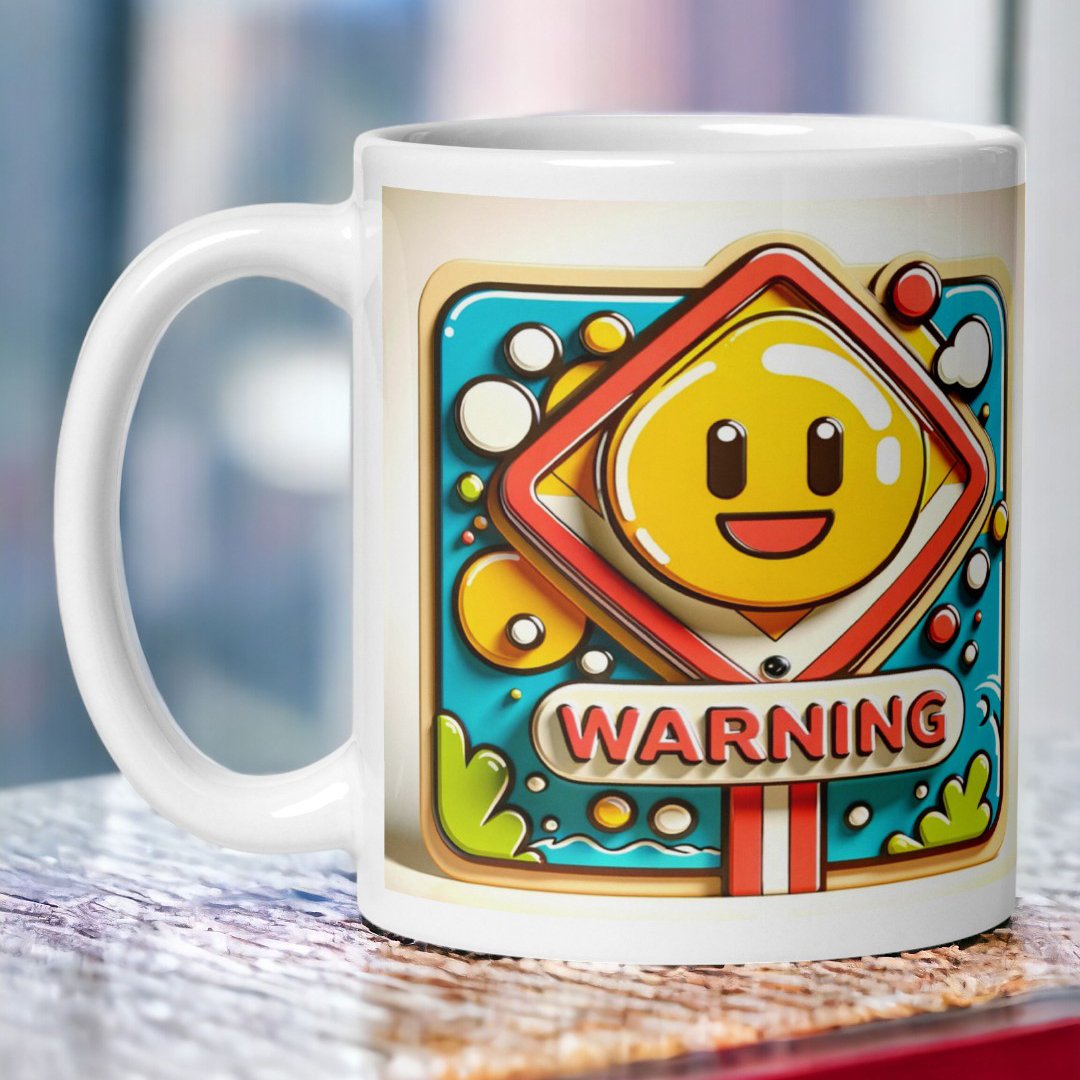 Bright "Sweet Warning" mug by BetterGiftFlowers featuring a cheerful warning sign with a happy face on a colorful background.