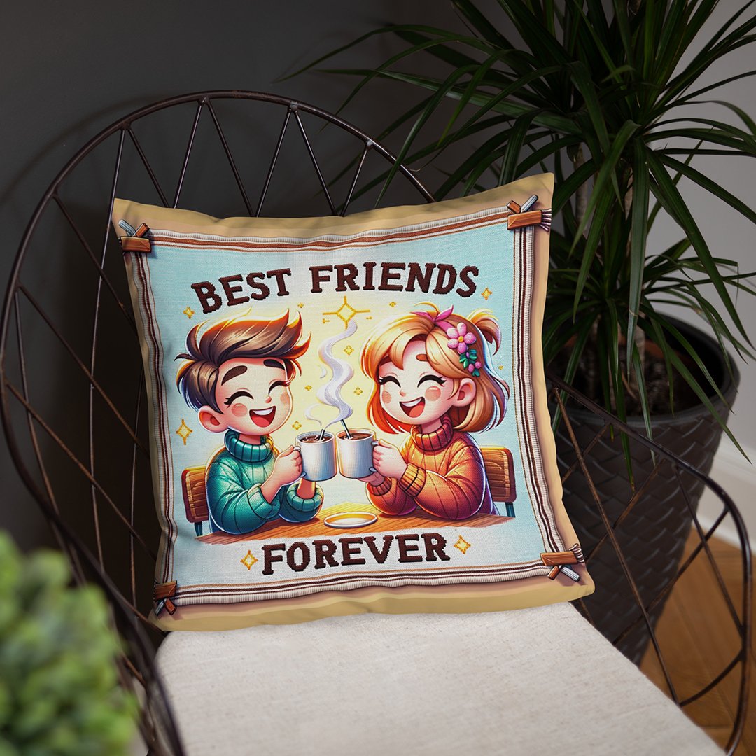 BetterGiftFlowers Best Friends Forever Cushion on a chair, featuring a cute illustration of two friends sharing coffee.