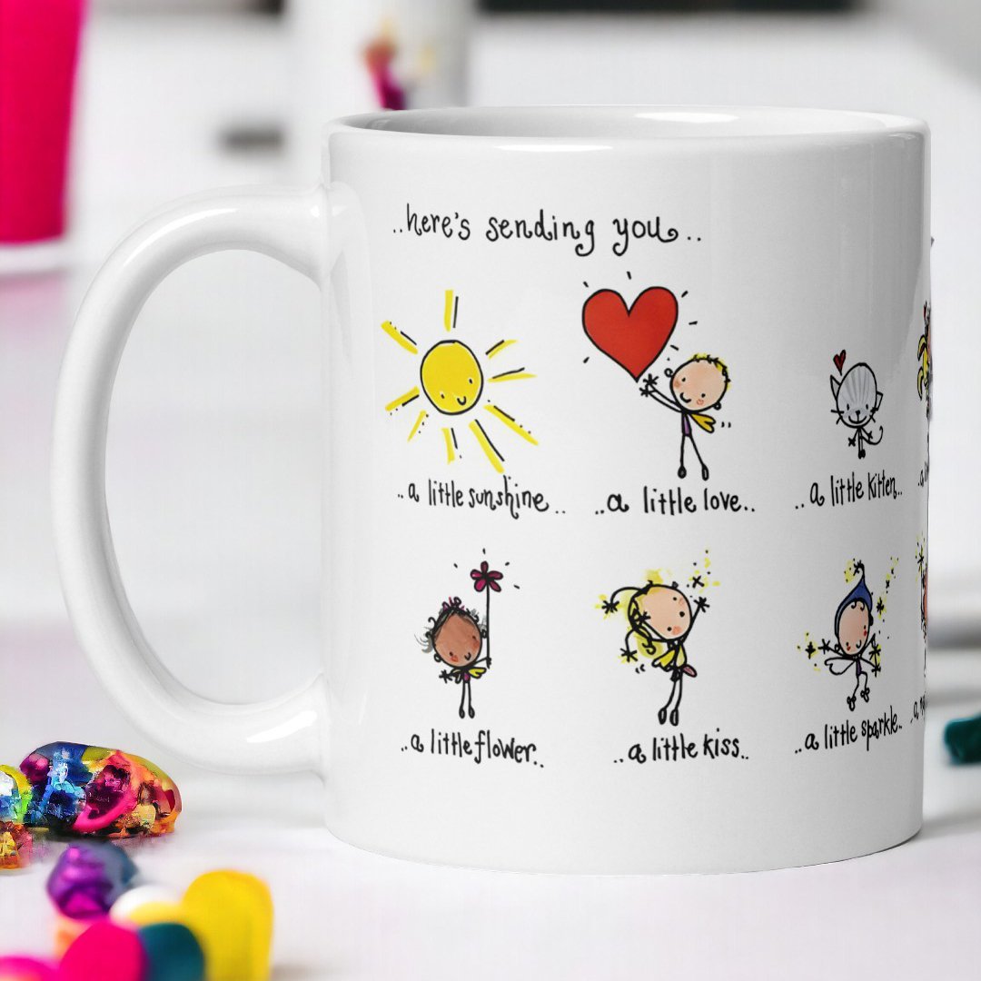 BetterGiftFlowers Superb Happy Birthday Mug with whimsical illustrations and cheerful birthday wishes on a white ceramic mug.