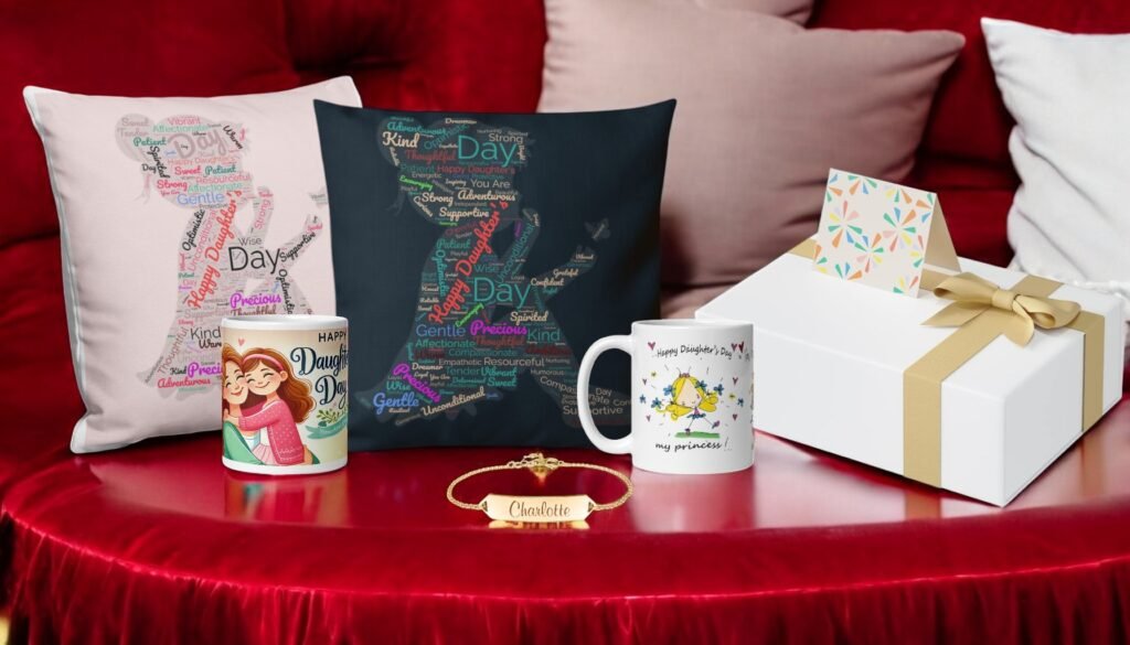 daughters day personalized gift ideas showcasing personalized cushion, mugs, bracelets, and gift boxes