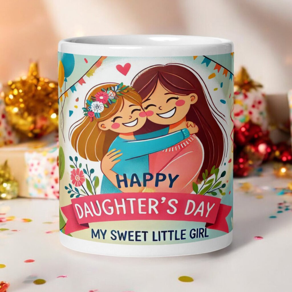 Happy Daughter's Day My Sweet Girl Mug by BetterGiftFlowers with an adorable illustration of a mother and daughter hugging.