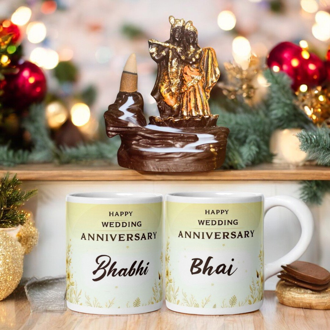 BetterGiftFlowers Happy Anniversary Bhai Bhabhi combo with Krishna Radha incense burner and Bhai Bhabhi anniversary mugs on a decorated shelf