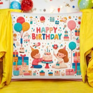 BetterGiftFlowers Premium Happy Birthday Cushion displayed on a yellow blanket with a festive birthday theme, showing kids, cake, and gifts.