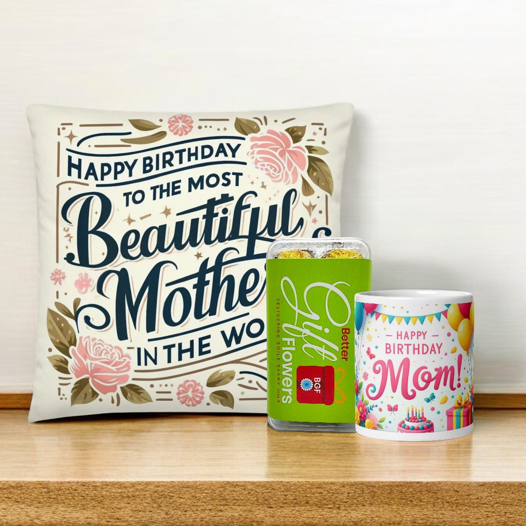 Image of BetterGiftFlowers "Happy Birthday Mother" cushion, chocolates, and a mug combo.