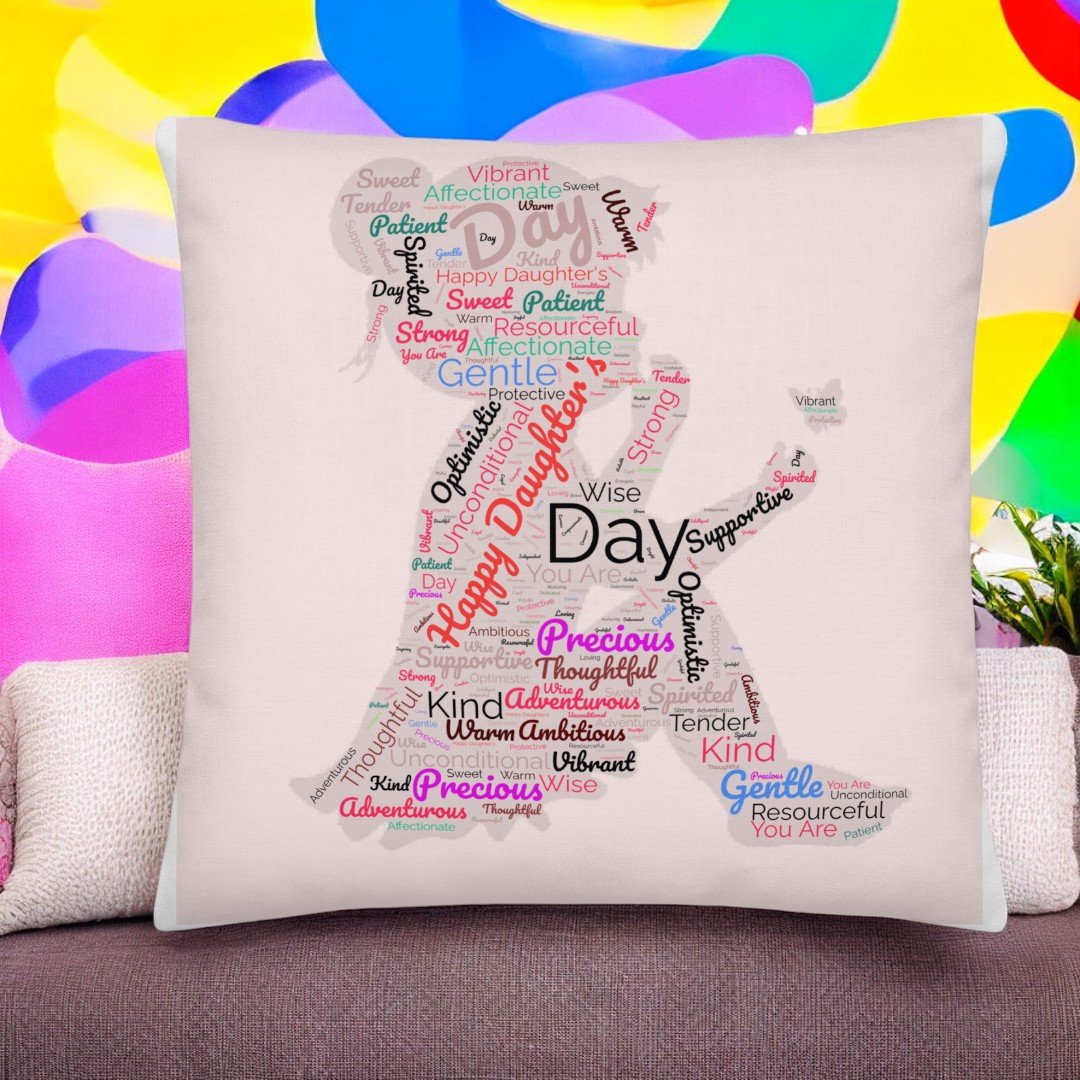 Cream-colored "Happy Daughter's Day" cushion with word cloud silhouette design, BetterGiftFlowers product.