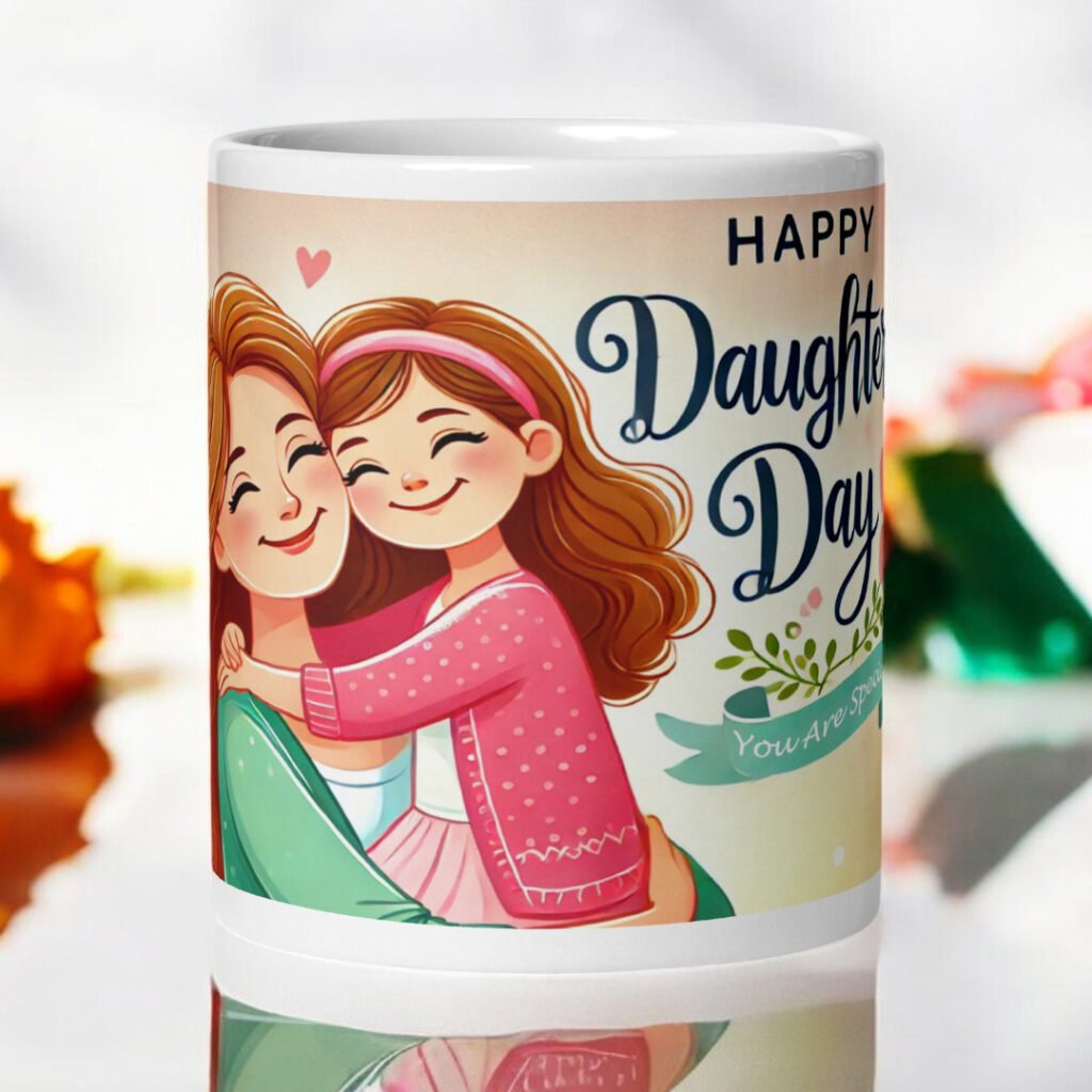 BetterGiftFlowers Happy Daughter's Day mug featuring a heartwarming mother-daughter illustration.