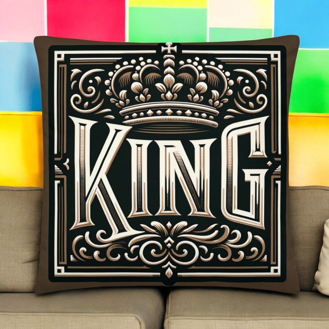 The King cushion by BetterGiftFlowers displayed on a couch with a bold black and gold design