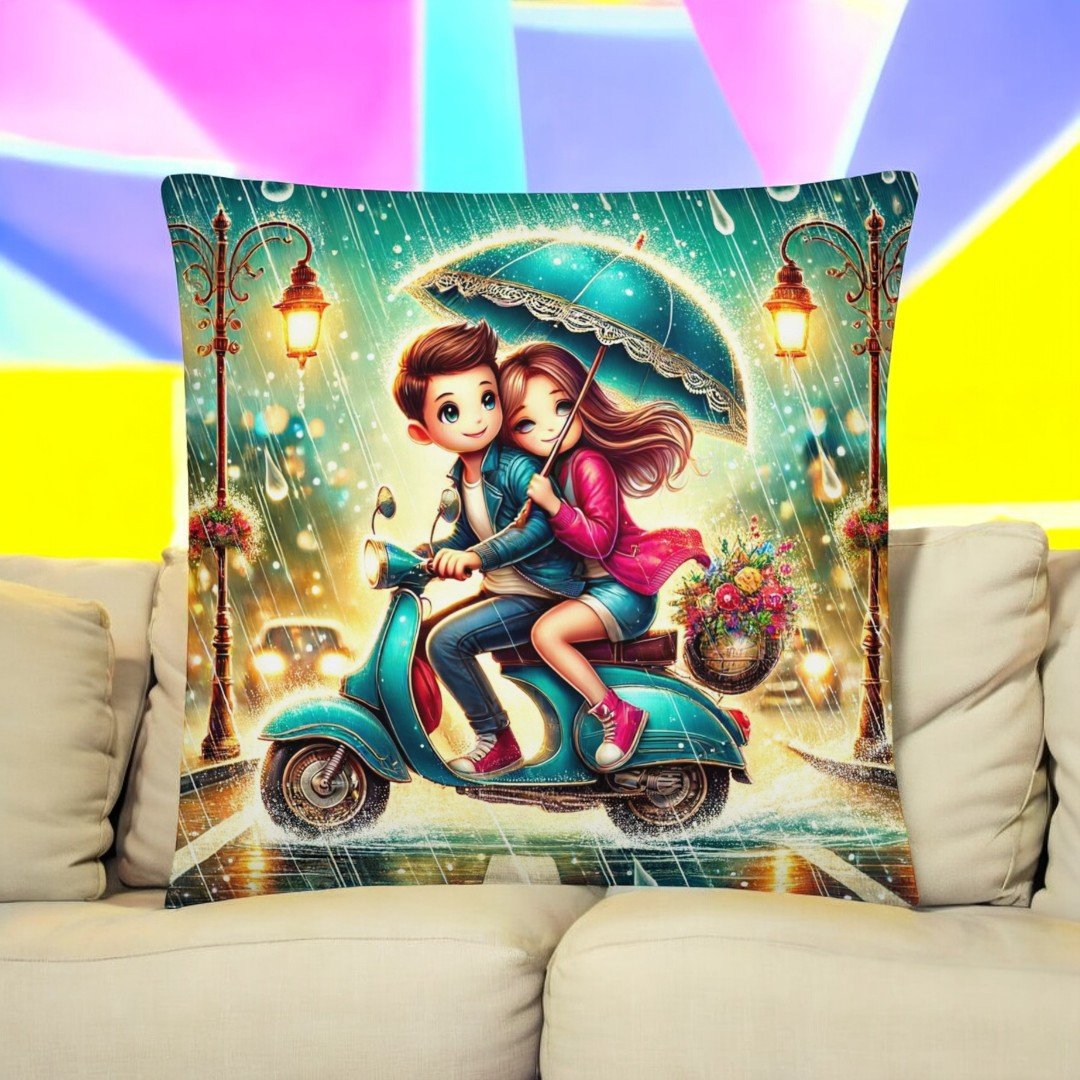 BetterGiftFlowers Lovely Couple Cushion with romantic scooter ride illustration.