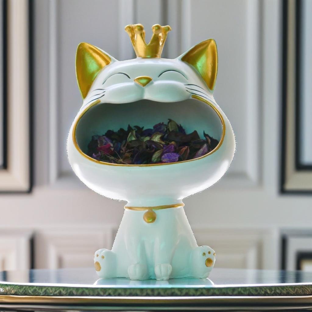 BetterGiftFlowers Lucky Cat figurine with potpourri holder, adorned with gold crown, front view.