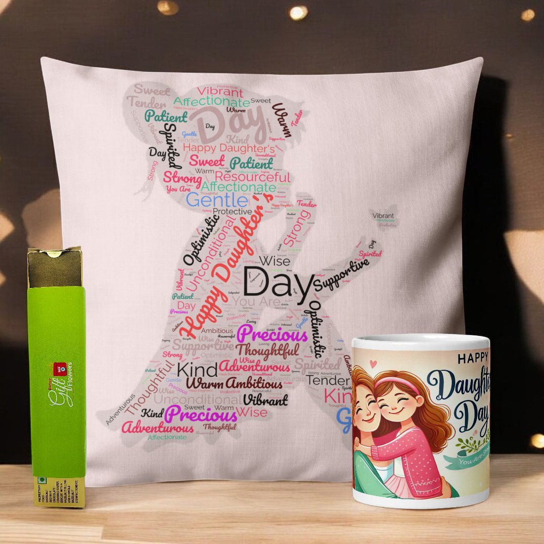 BetterGiftFlowers Premium Daughter's Day gift combo cushion and chocolates with mug.