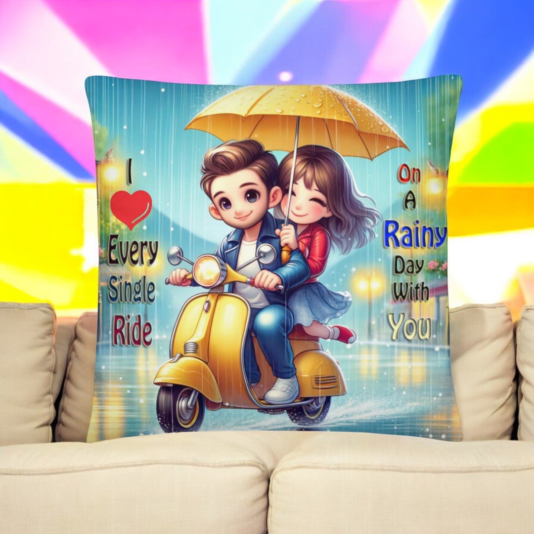 Scooter Couple Cushion from BetterGiftFlowers featuring a romantic couple riding a scooter under an umbrella.