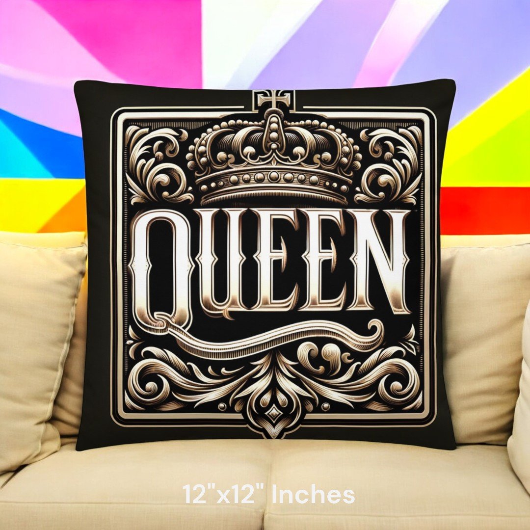 The Queen Cushion with bold queen lettering and crown design by BetterGiftFlowers